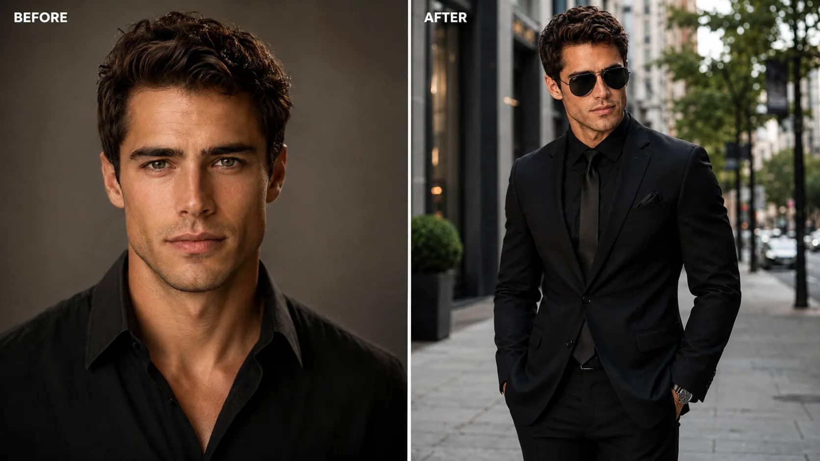 Man in all-black tailored suit on a modern city street — monochrome executive AI portrait prompt