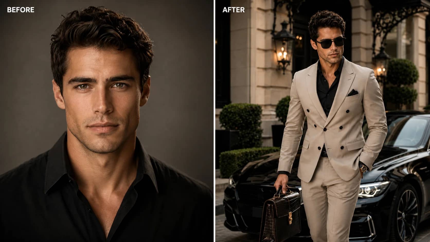 Man in beige suit arriving at a luxury hotel with a briefcase — business AI portrait prompt