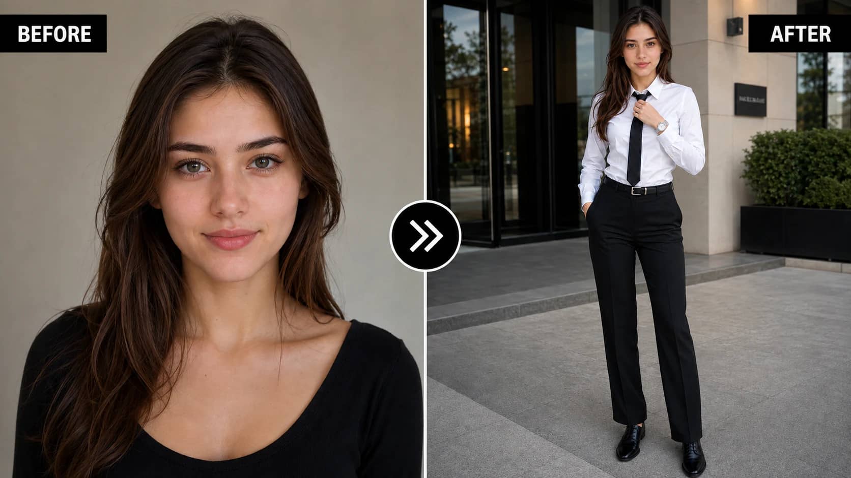 Professional business woman adjusting a black tie outside a modern office building AI portrait