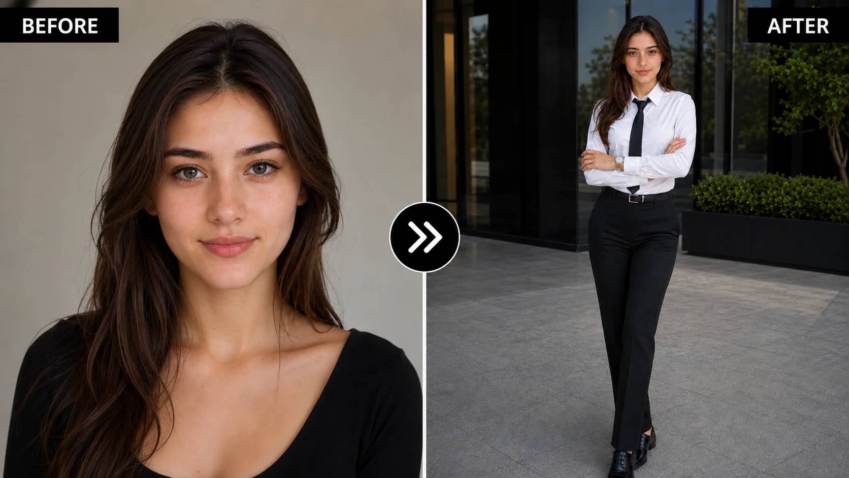 Confident business woman with folded arms wearing a white shirt and black tie outside an office building