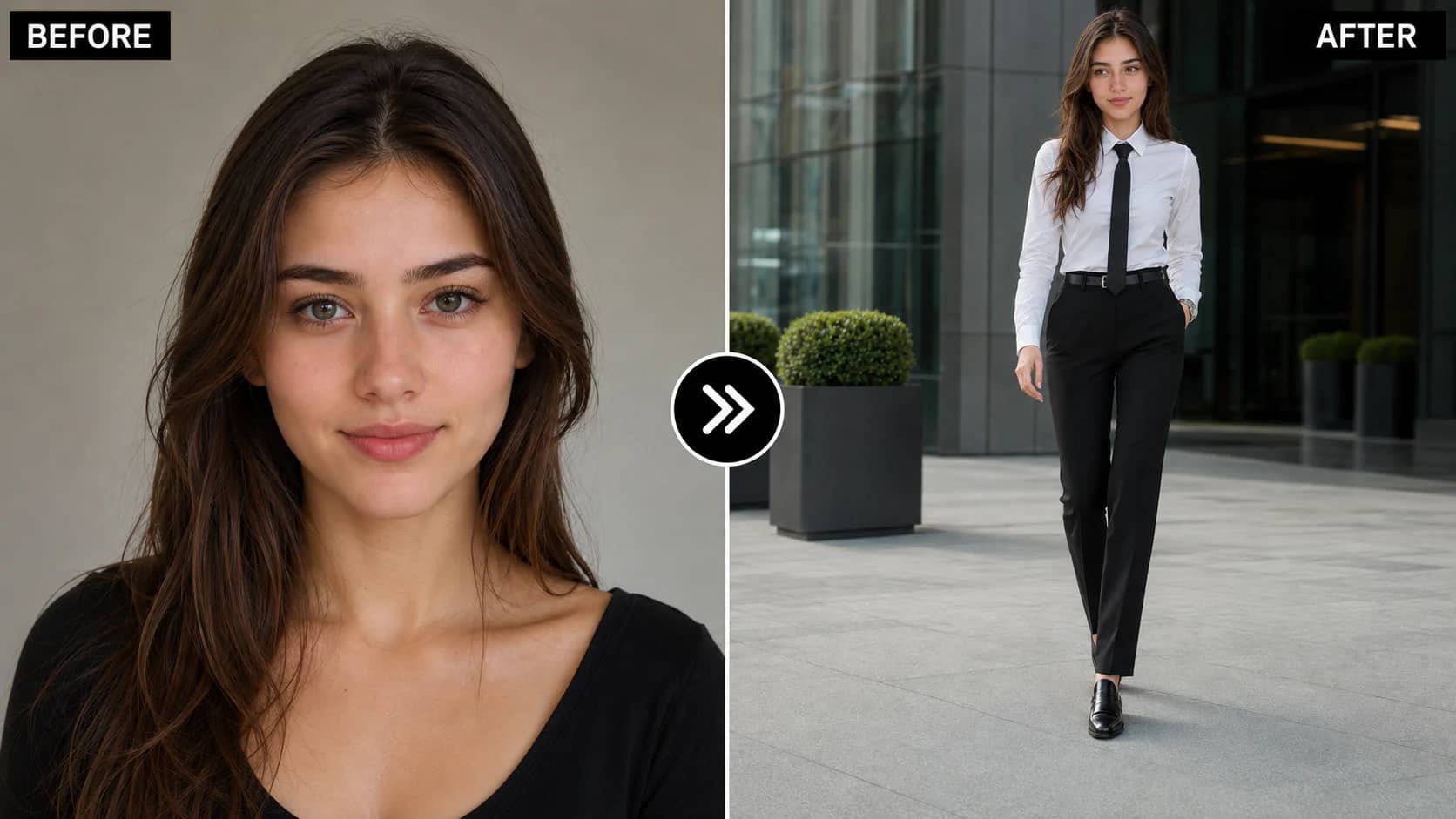 Professional business woman walking toward the camera outside a modern corporate office building