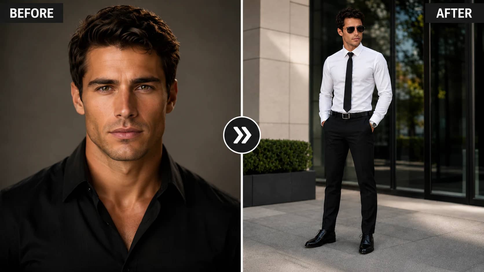 Businessman in white shirt and black tie standing with hands in pockets outside a corporate building