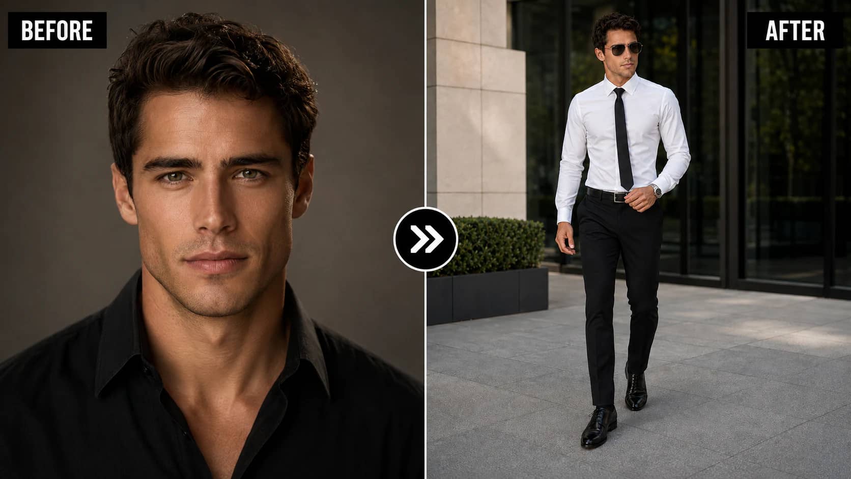 Professional businessman walking toward the camera outside a modern corporate office building