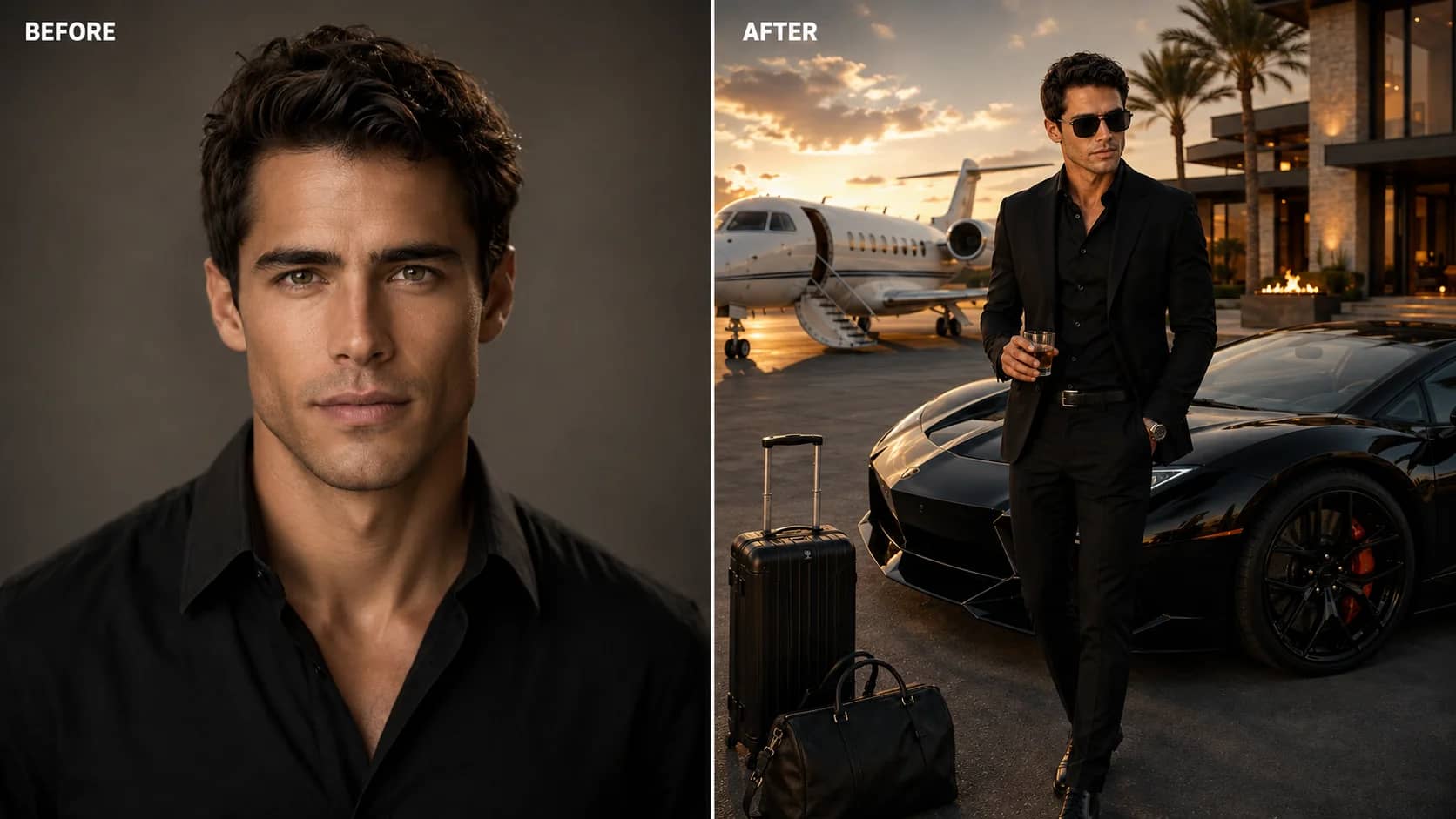 Man in black suit beside a supercar and private jet at a luxury estate — billionaire lifestyle AI portrait prompt