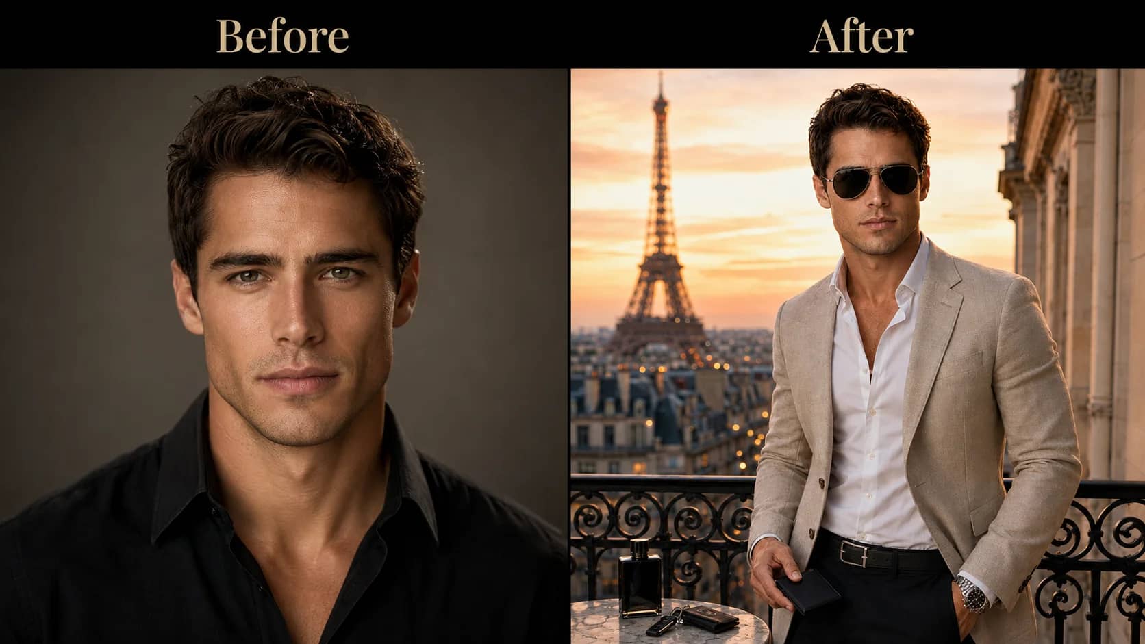 Executive in navy blazer on a rooftop lounge during blue hour — city skyline AI portrait prompt