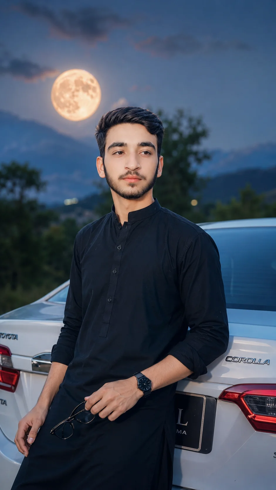 Black Shalwar Kameez Twilight Full Moon Portrait Prompt