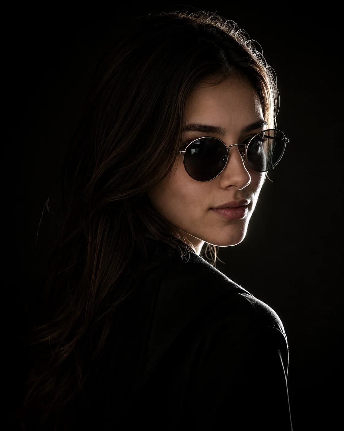 Chiaroscuro Silver Rim Sunglasses Dark Portrait Prompt AI generated prompt preview
