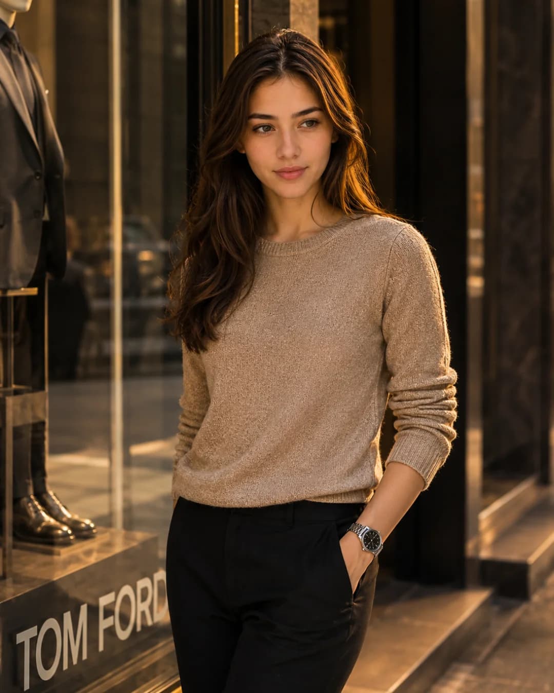 Luxury Fashion District Beige Textured Knit Sweater Portrait Prompt