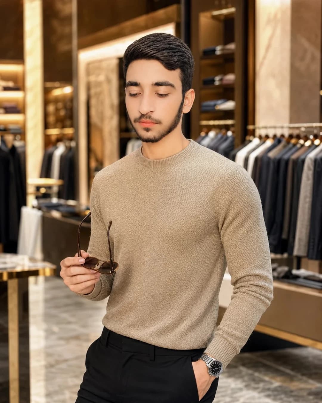 Luxury Marble Wall Beige Knit Sweater Fashion Prompt