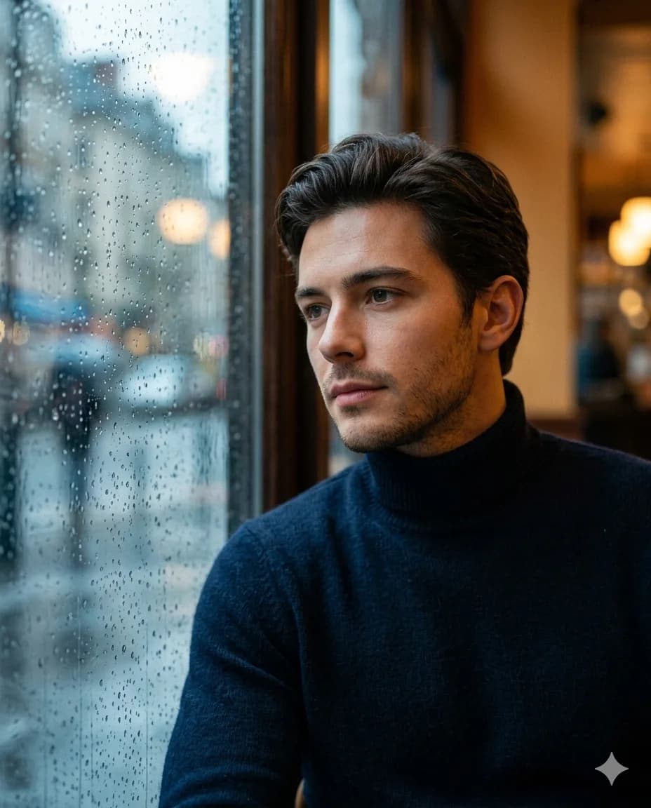 Rainy Window Cinematic Portrait Prompt for Men (Ultra Realistic AI Photo Style)