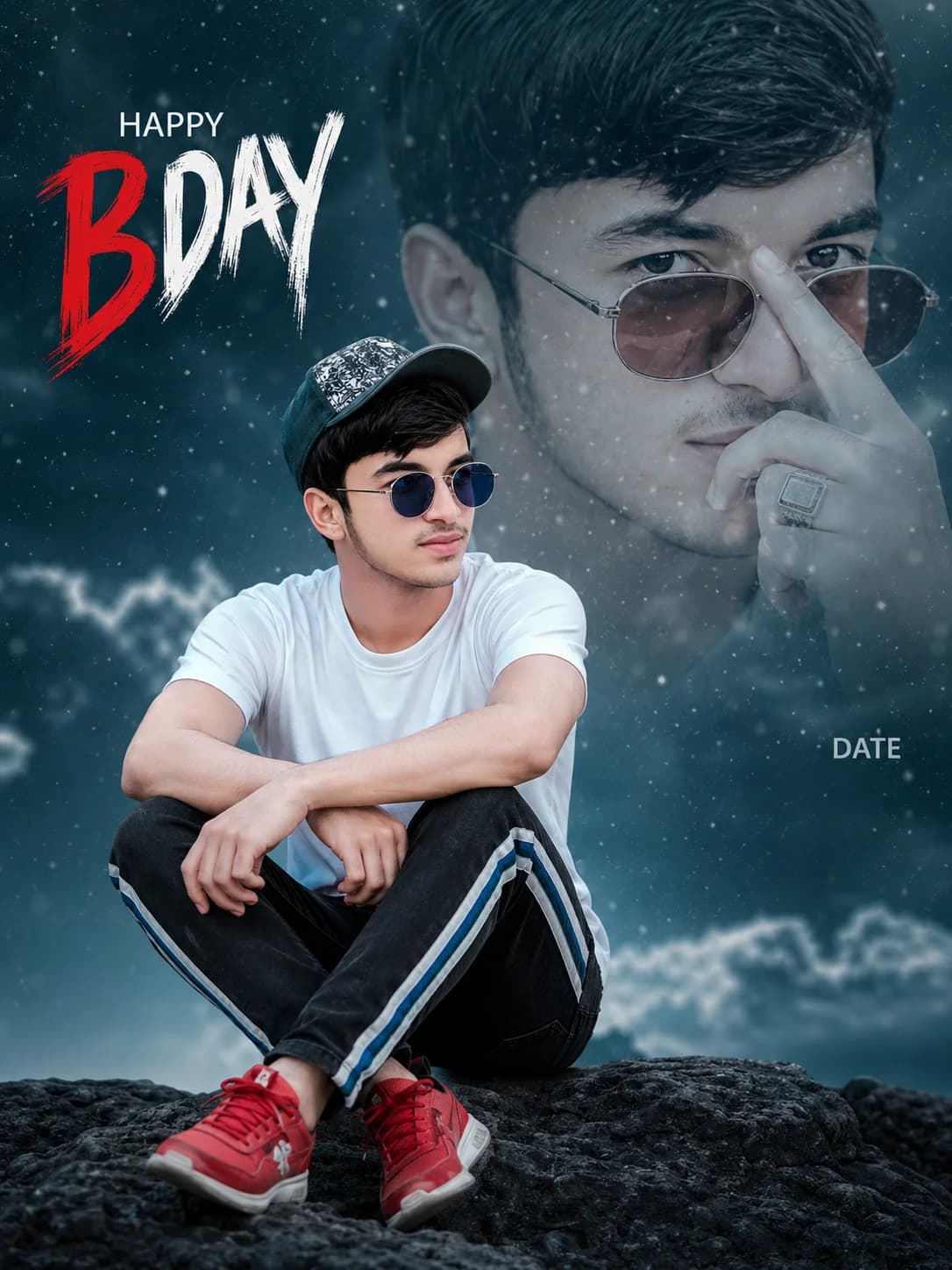 South Asian Boy Double Exposure Birthday Prompt | Dramatic Teal Aesthetic