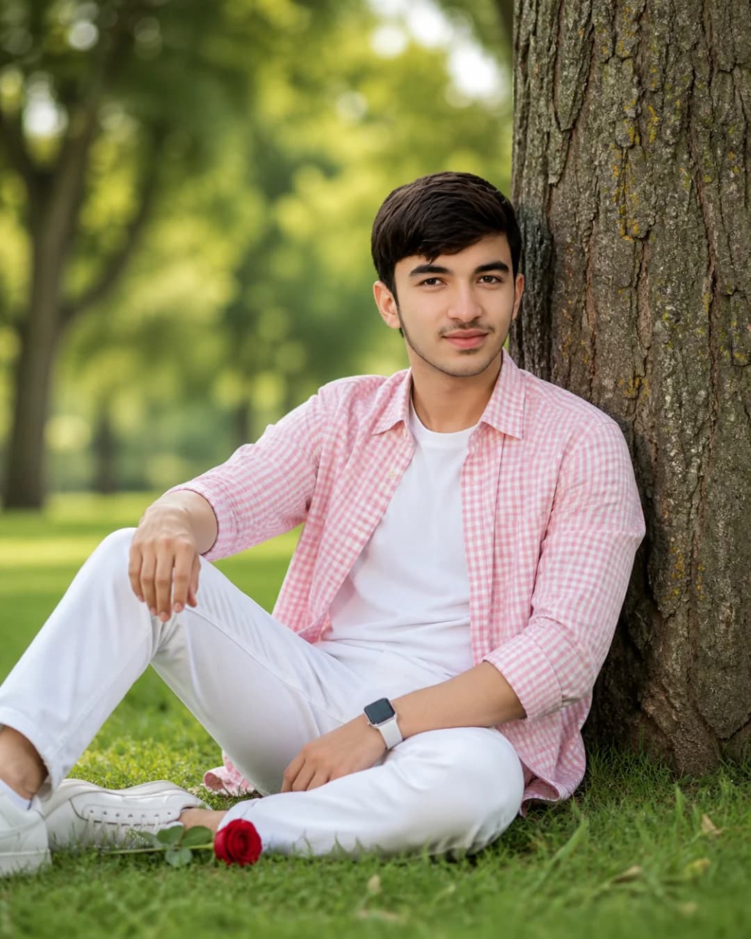 Fresh Pink Gingham Park Portrait - South Asian Male