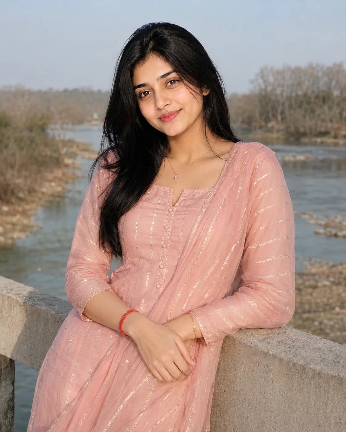 Aesthetic Pastel Pink Kurta Riverfront Female Portrait