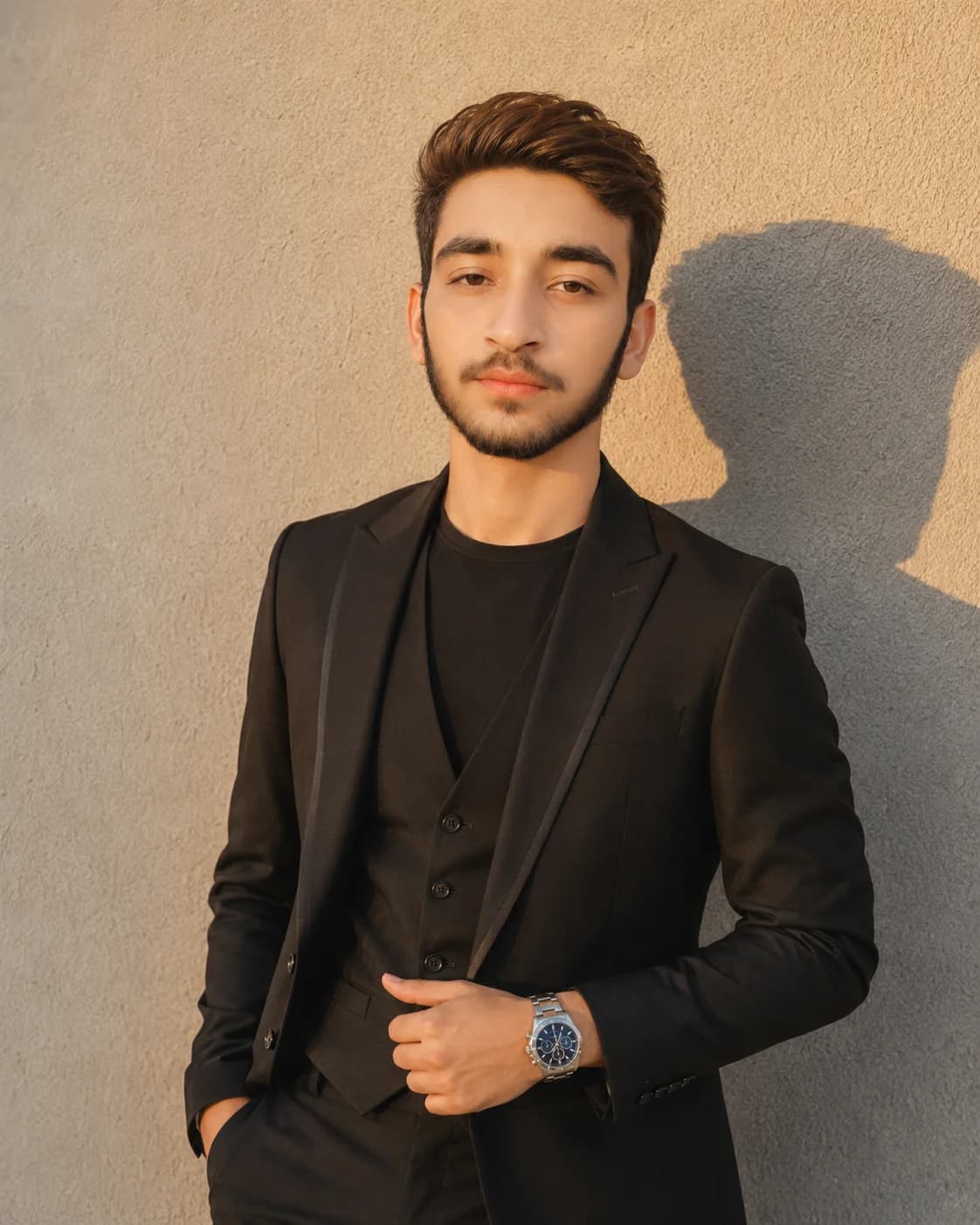 Chic All-Black Three-Piece Suit Portrait for South Asian Men