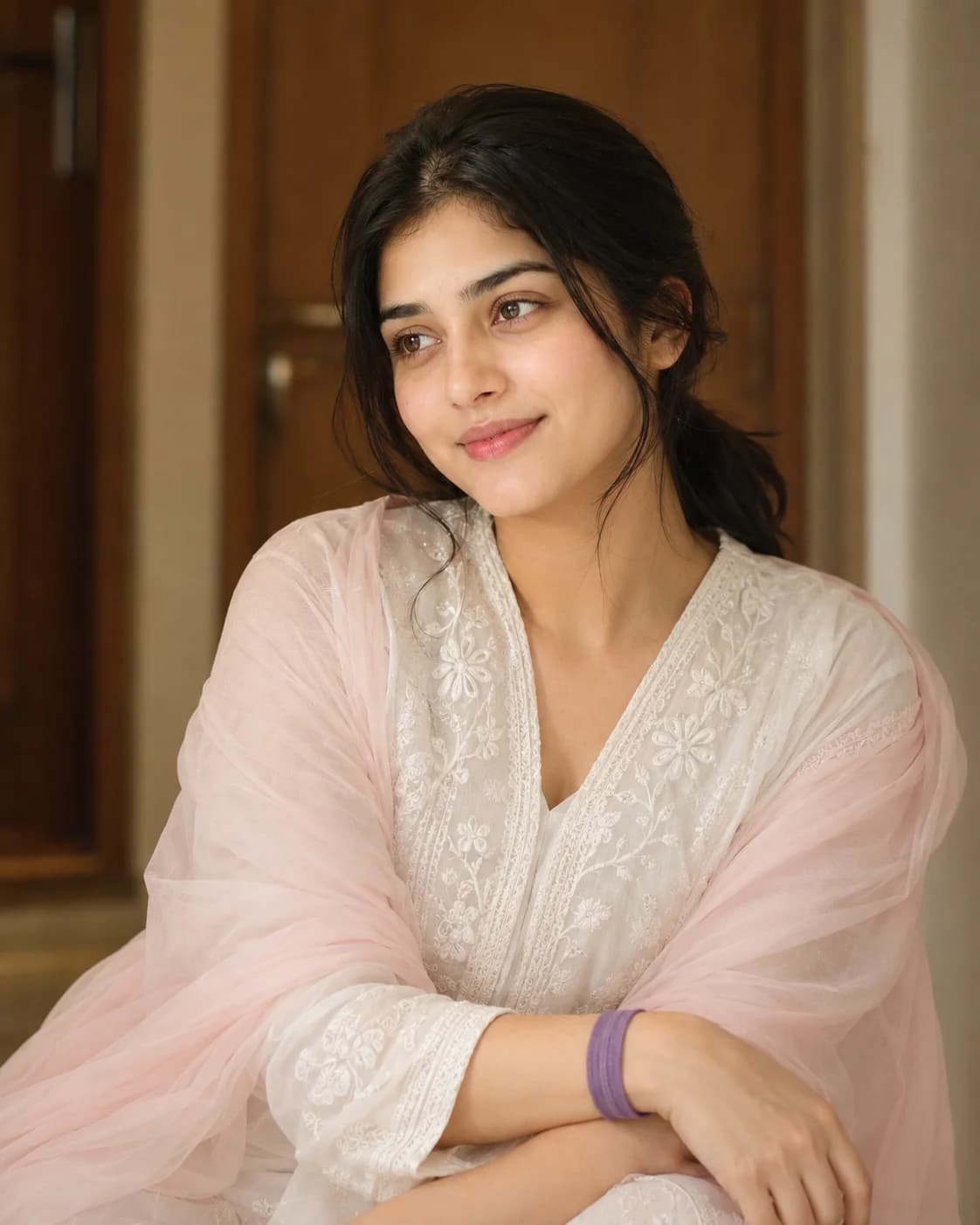 Elegant White Embroidered Kurta Traditional Female Portrait