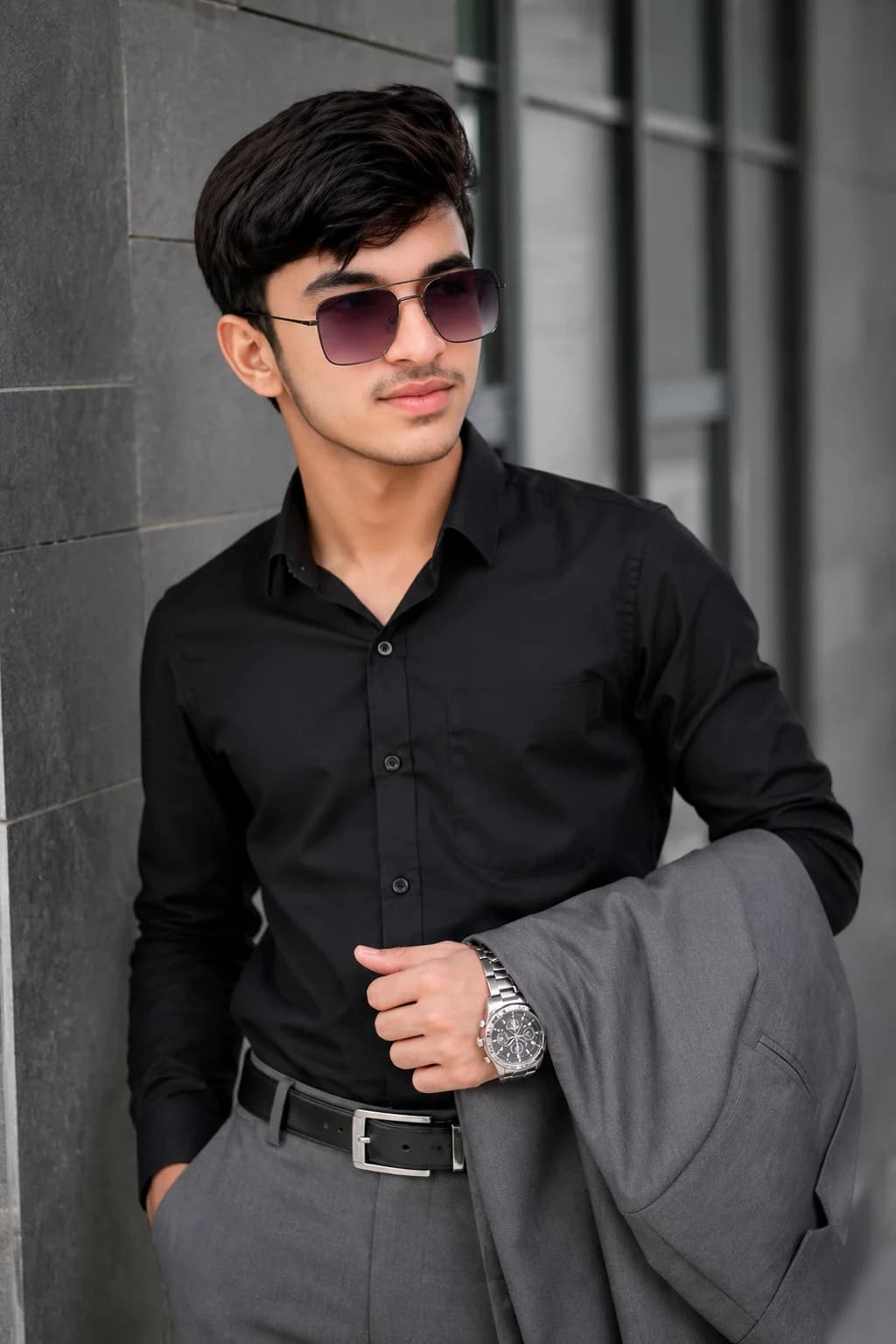 Fashion Editorial Portrait | Stylish Teen Boy in Grey & Black AI generated prompt preview