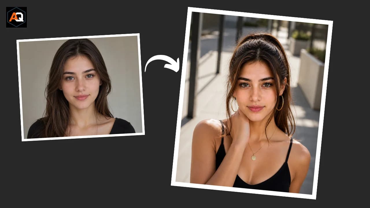 Leonardo AI prompts for consistent facial identity - woman in black top hand gently touching collarbone outdoor walkway.