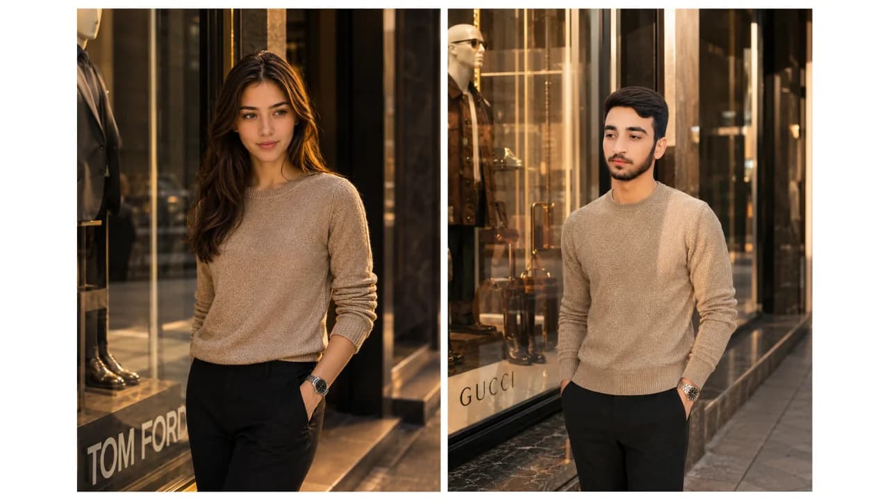 Realistic luxury lifestyle AI portrait of a man standing outside a designer fashion store.