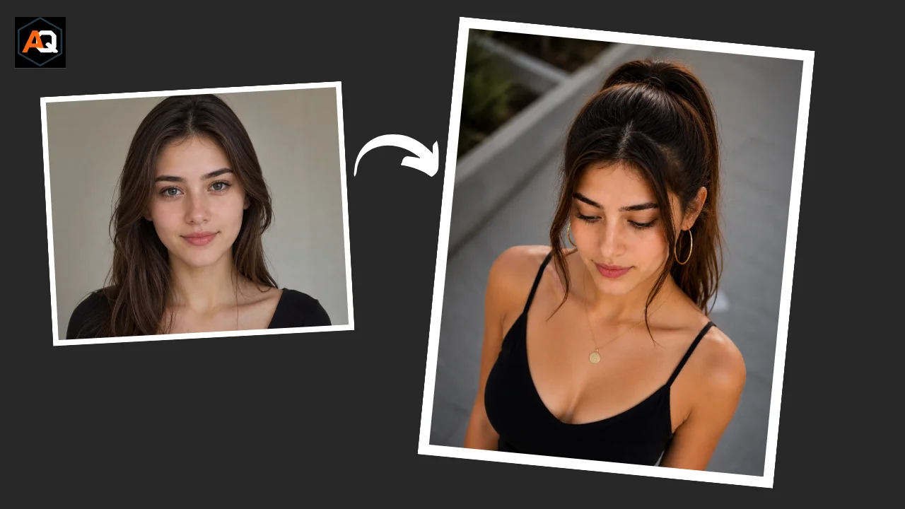 How to generate consistent face AI portraits ChatGPT - girl head tilted down soft expression high angle portrait shot.