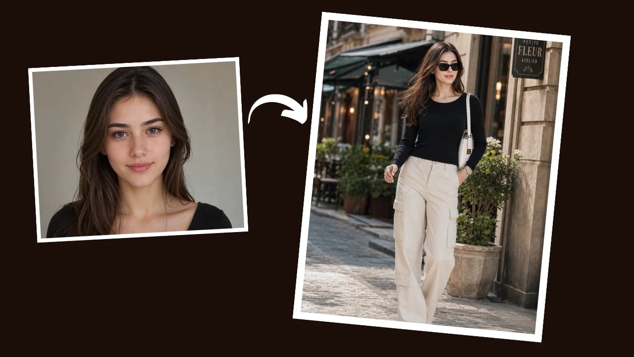 Realistic AI editorial portrait of woman walking through charming European street lined with cafés and boutiques
