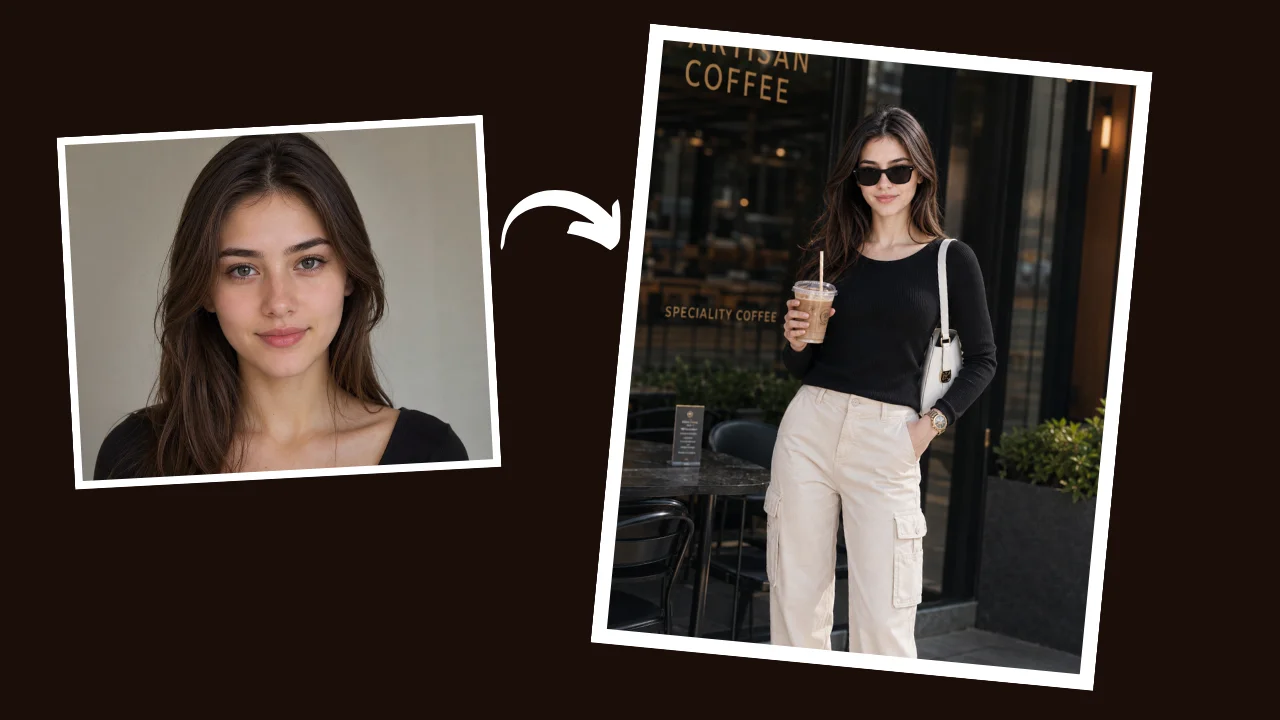 High-end AI photoshoot prompt for influencers — woman holding iced coffee outside premium coffee shop