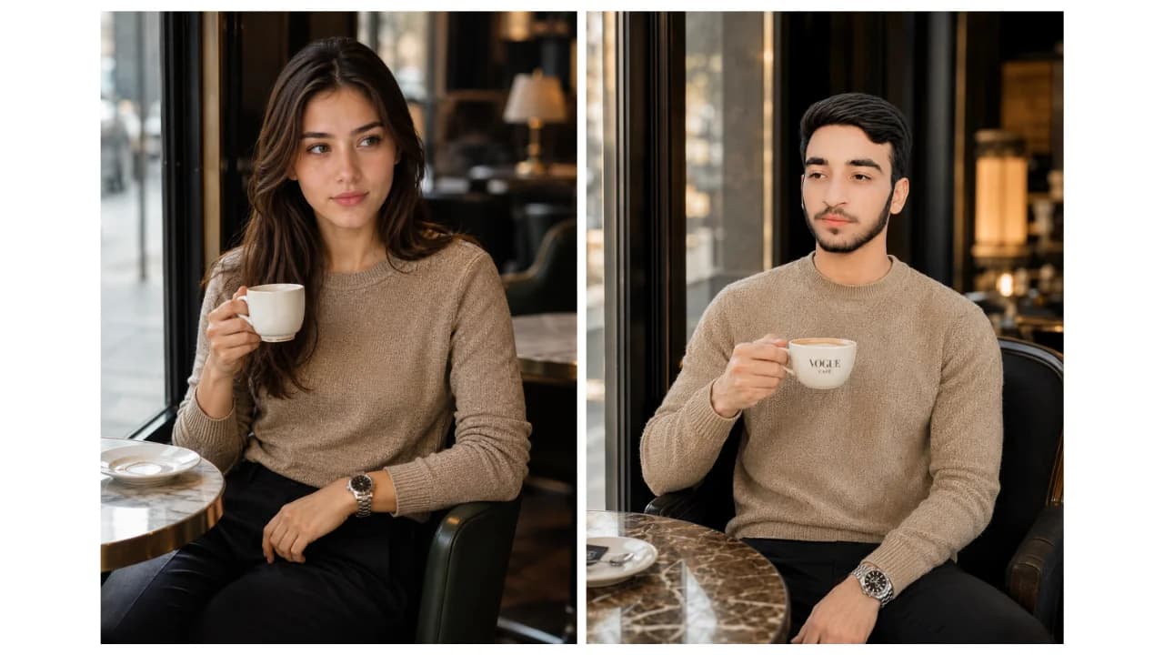 Realistic AI portrait of a young man sitting in a luxury cafe holding a coffee cup.