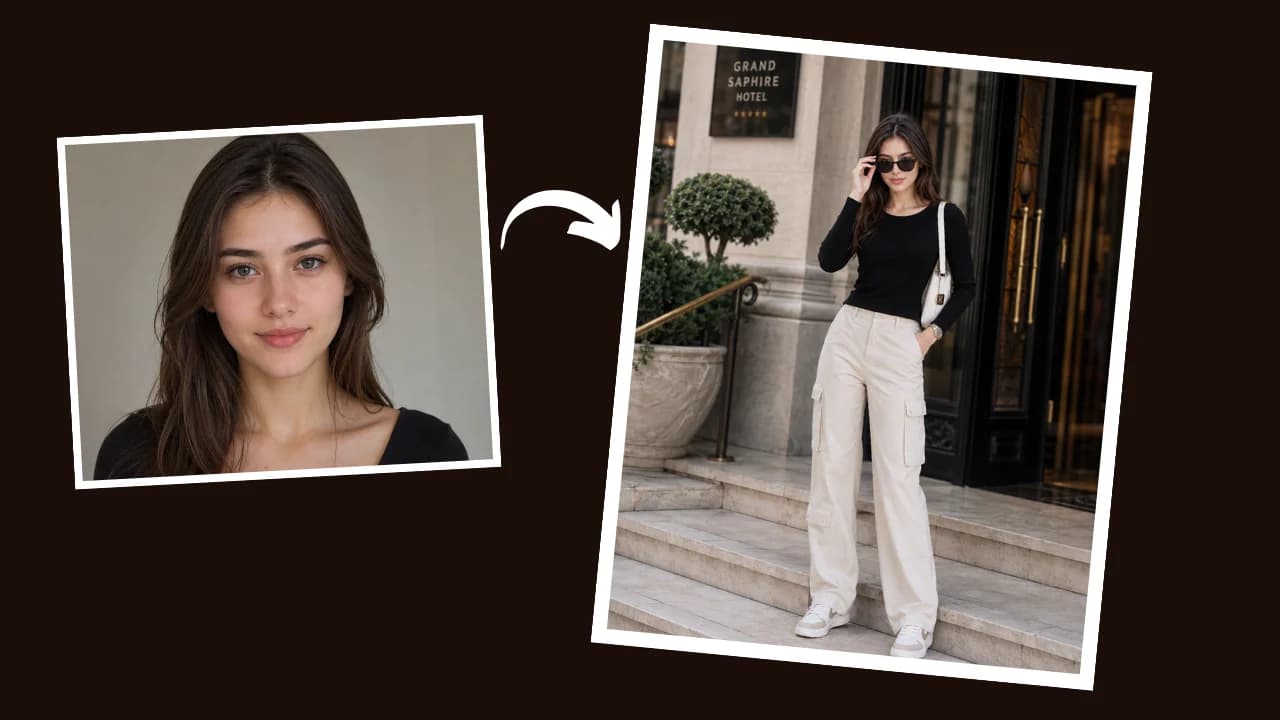 Vogue style AI image prompt for girls — woman posing on elegant stone steps outside a luxury hotel