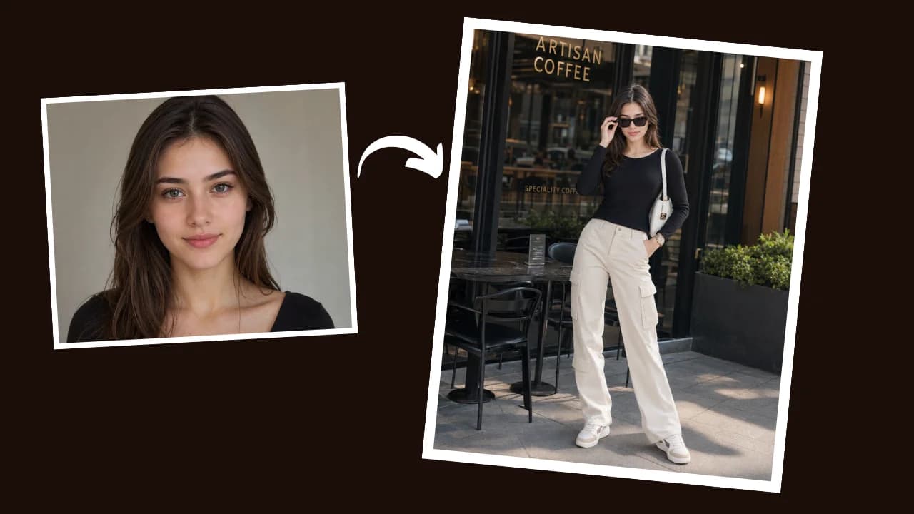 Luxury AI fashion photography prompt — woman standing confidently outside a modern premium coffee shop in street style outfit