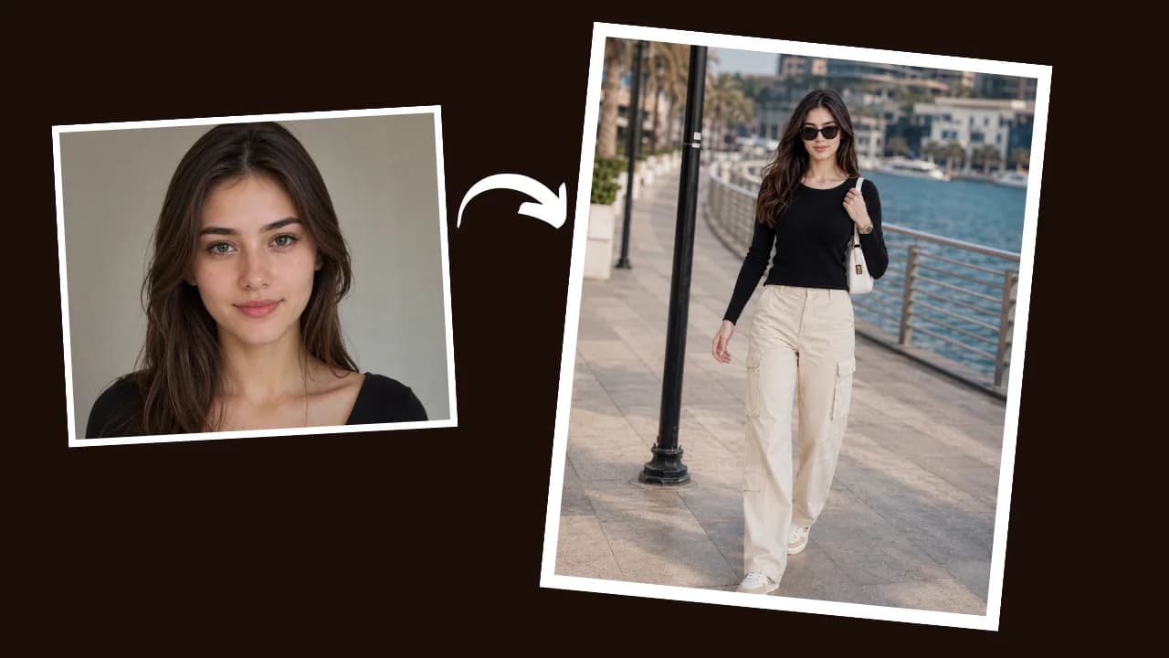High-end AI fashion photography prompt — woman walking along modern luxury waterfront promenade