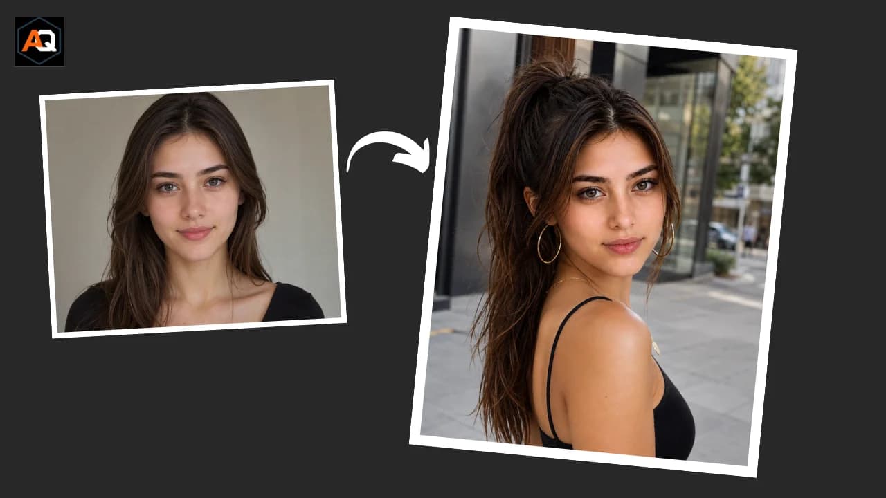 Consistent face AI portrait prompt for women - girl in black spaghetti strap top turning over shoulder in modern urban setting.