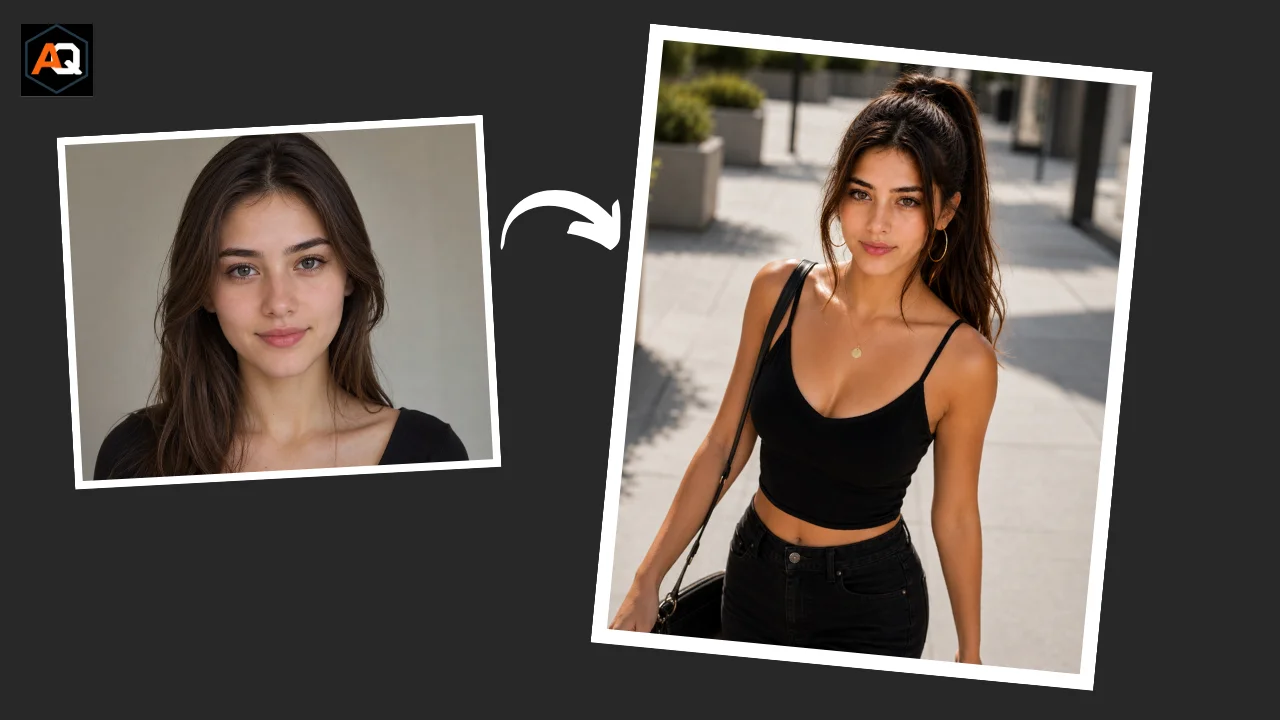 Consistent character AI image generation prompts - woman walking candid pose modern urban outdoor location black outfit gold jewelry.