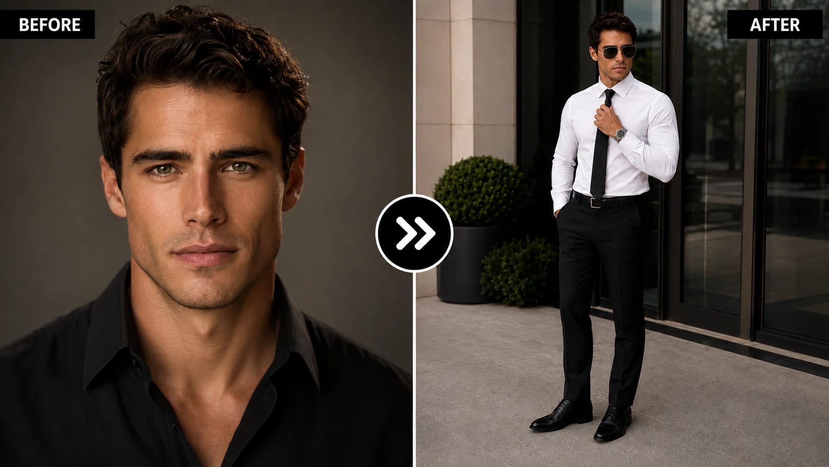 Professional businessman adjusting a black tie outside a modern office building AI portrait