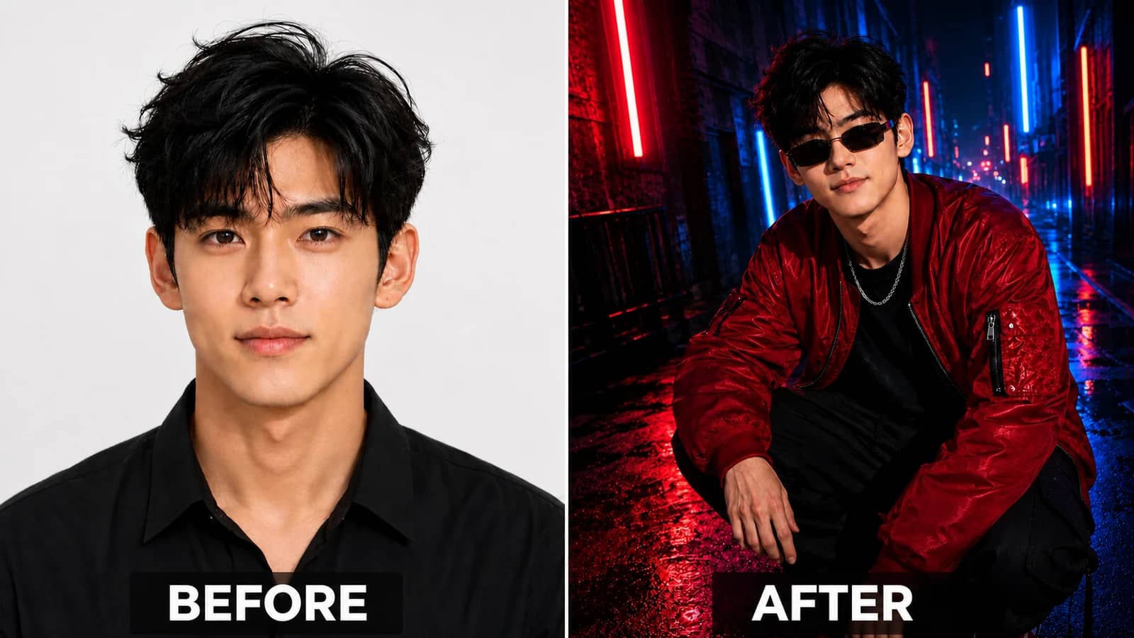 Cyberpunk Neon AI Portrait Before and After Before and after cyberpunk neon red jacket AI portrait