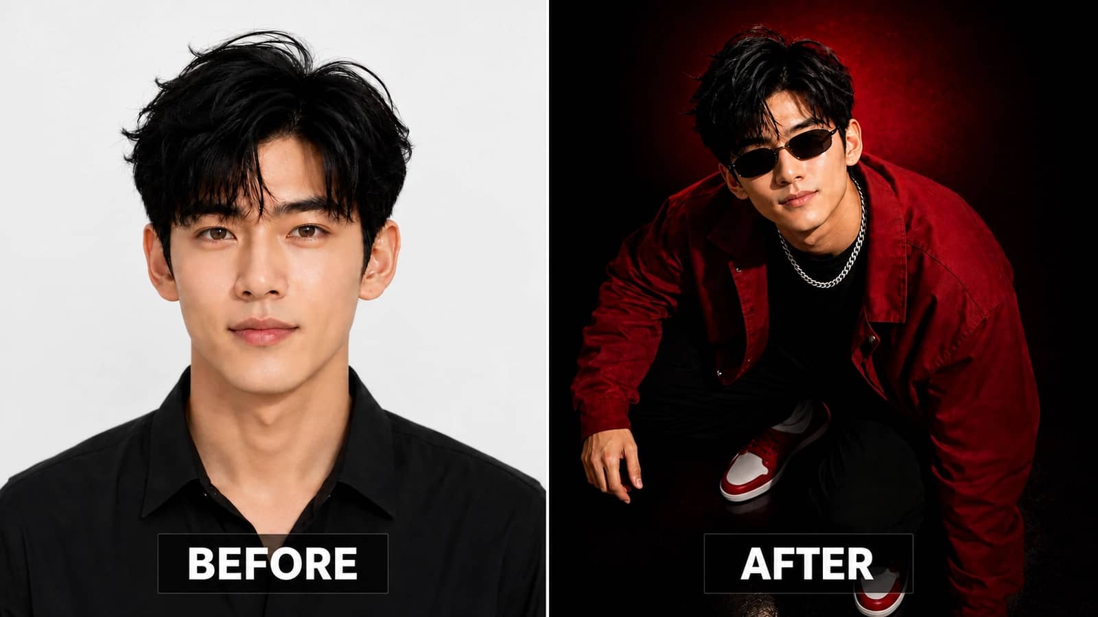 Dark Luxury Studio AI Portrait Before and After Before and after dark luxury red jacket studio portrait