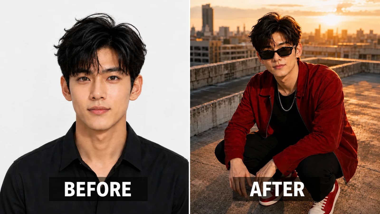 Golden Hour Rooftop AI Portrait Before and After Before and after golden hour rooftop red jacket AI portrait
