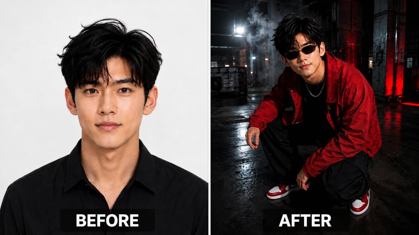 Industrial Warehouse AI Portrait Before and After Before and after industrial warehouse red jacket AI portrait