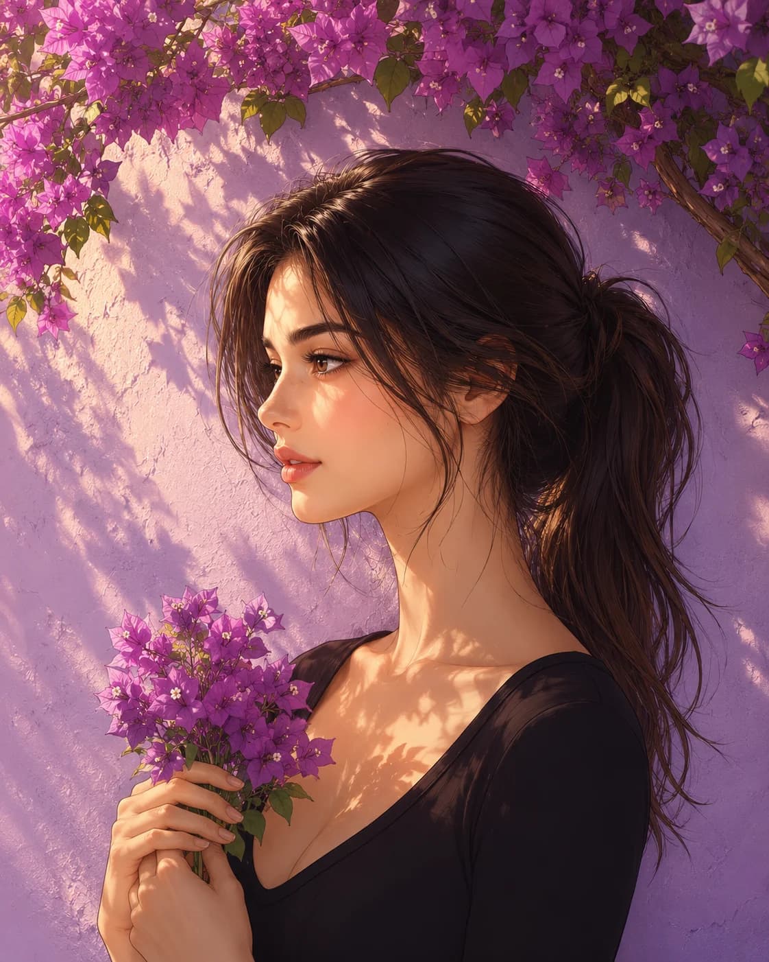 Anime Style Lavender Wall Art Floral Portrait Prompt