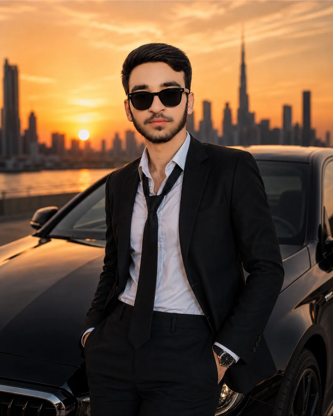 Billionaire City Sunset Luxury Sedan Portrait Prompt