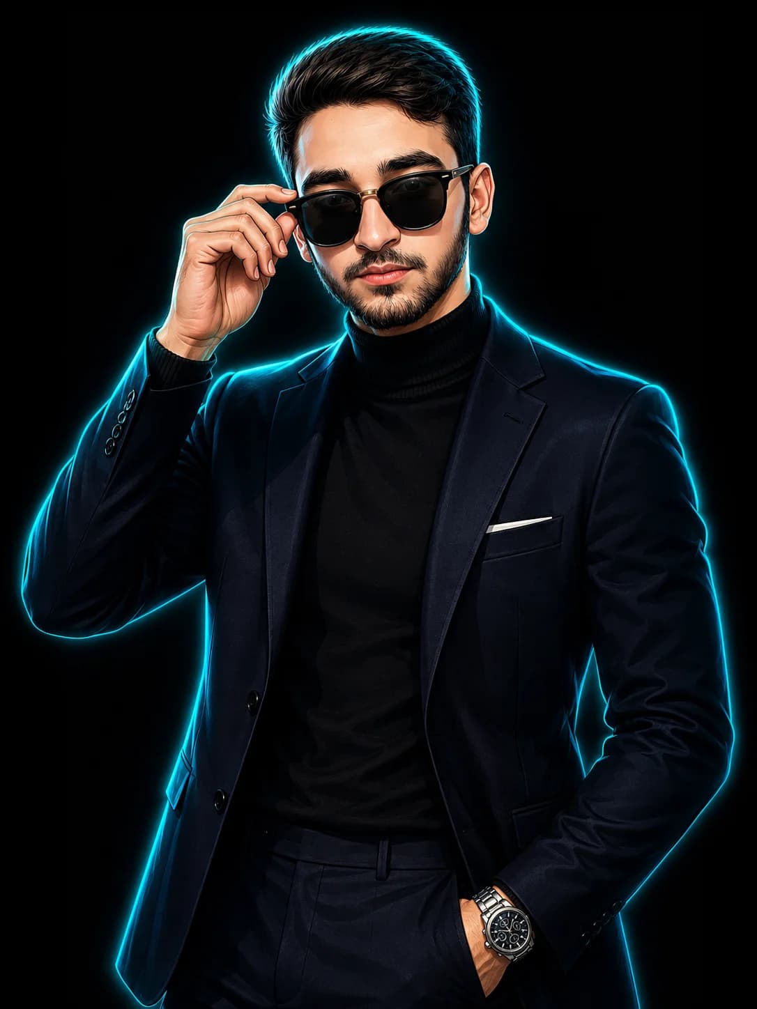 Cyan Neon Luxury Suit Fashion Illustration Prompt