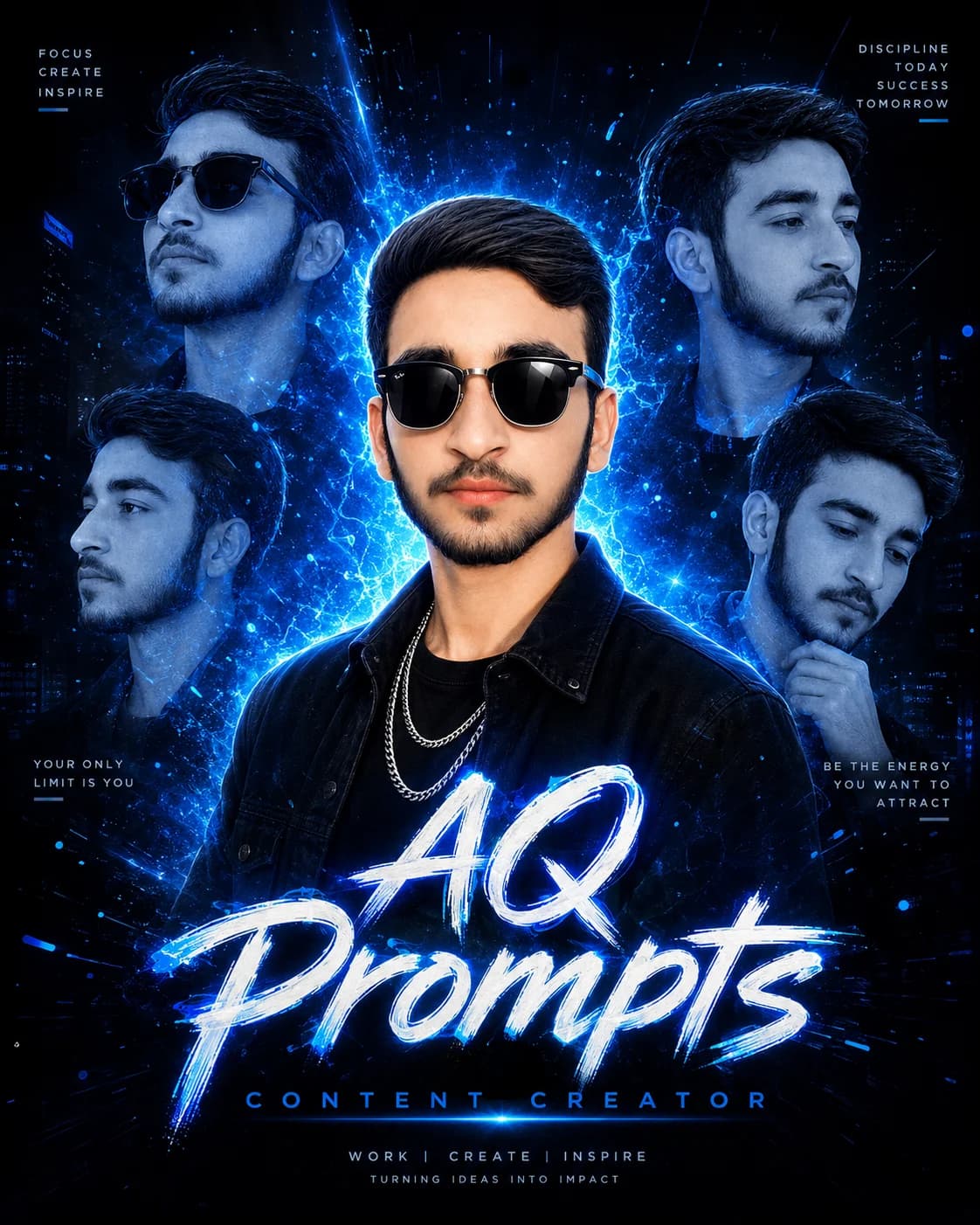 Futuristic Blue Neon Multi Pose Creator Poster Prompt AI generated prompt preview