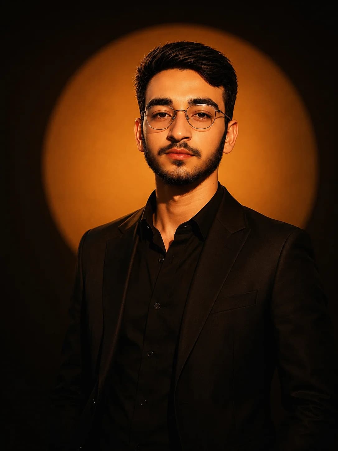 Golden Spotlight Black Blazer Editorial Portrait Prompt