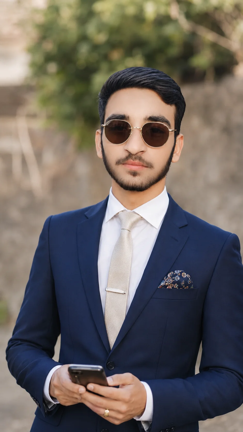 Navy Blue Suit with Champagne Silk Tie Groom Portrait Prompt