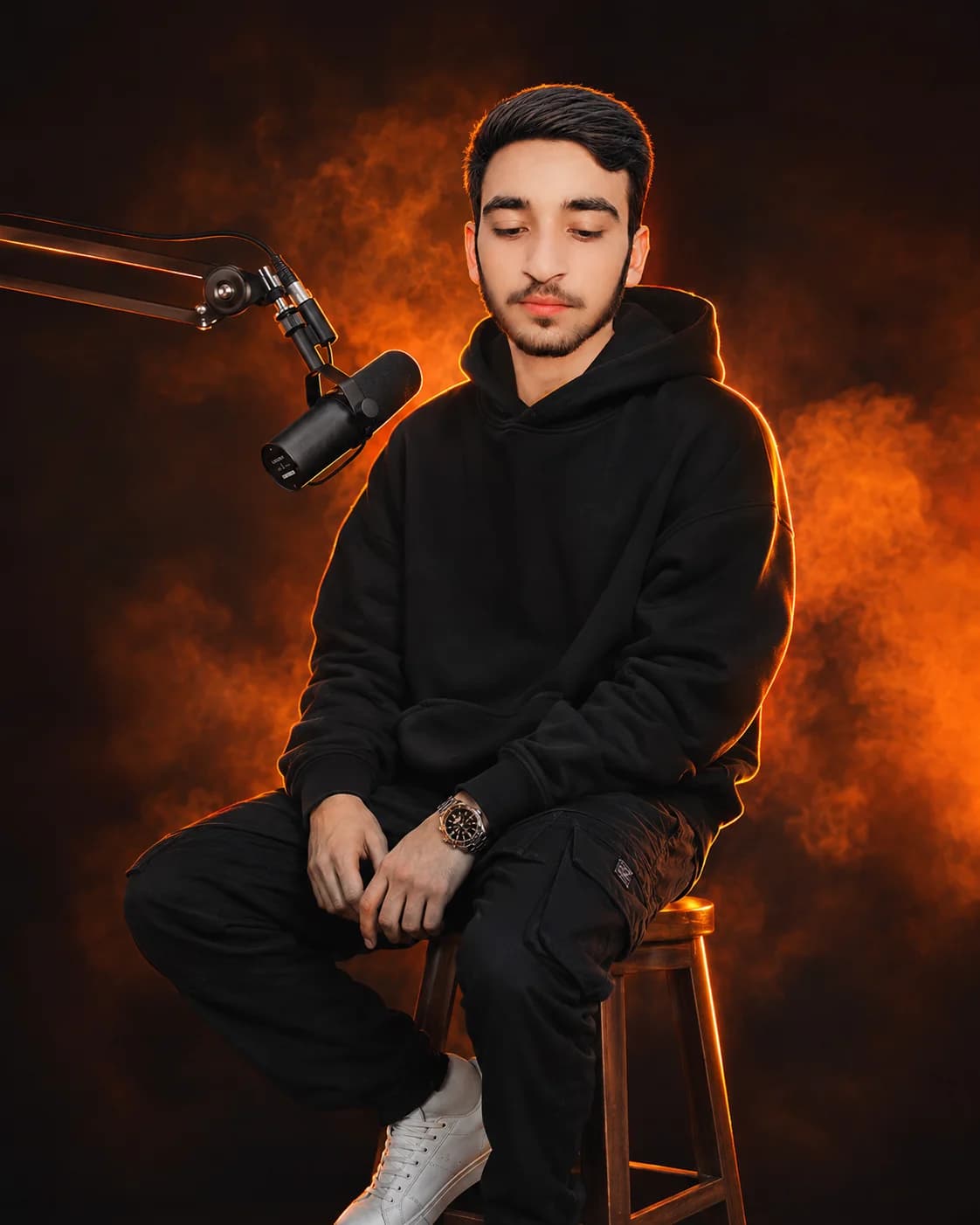 Oversized Hoodie Podcast Studio Orange Rim Light Prompt AI generated prompt preview