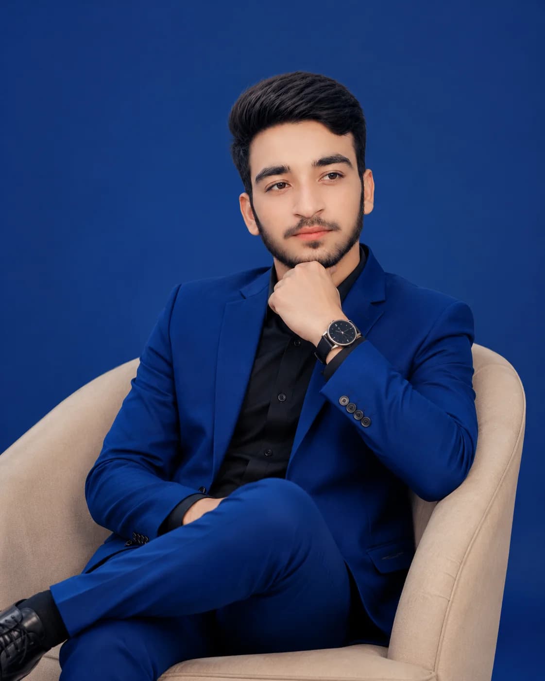 Royal Blue Suit Monochromatic Studio Male Portrait Prompt