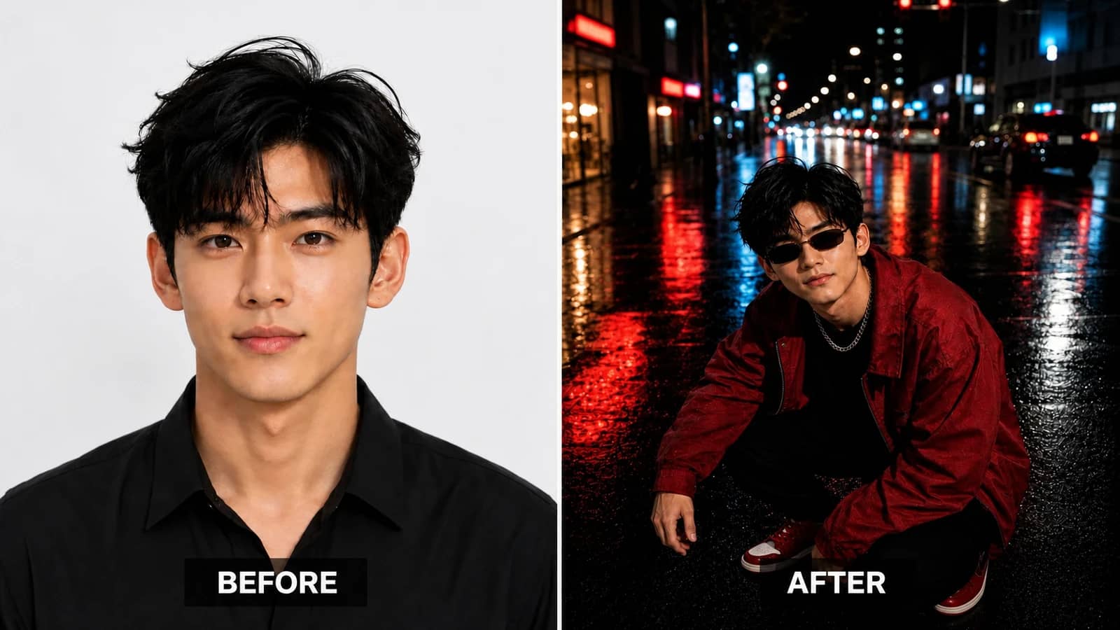 Rainy Urban Street AI Portrait Before and After Before and after rainy urban street red jacket AI portrait