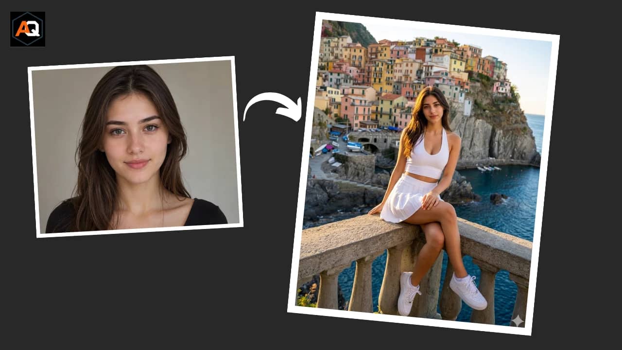 Premium AI photoshoot prompts for girls - woman sitting on stone railing overlooking Amalfi Coast Italy golden hour