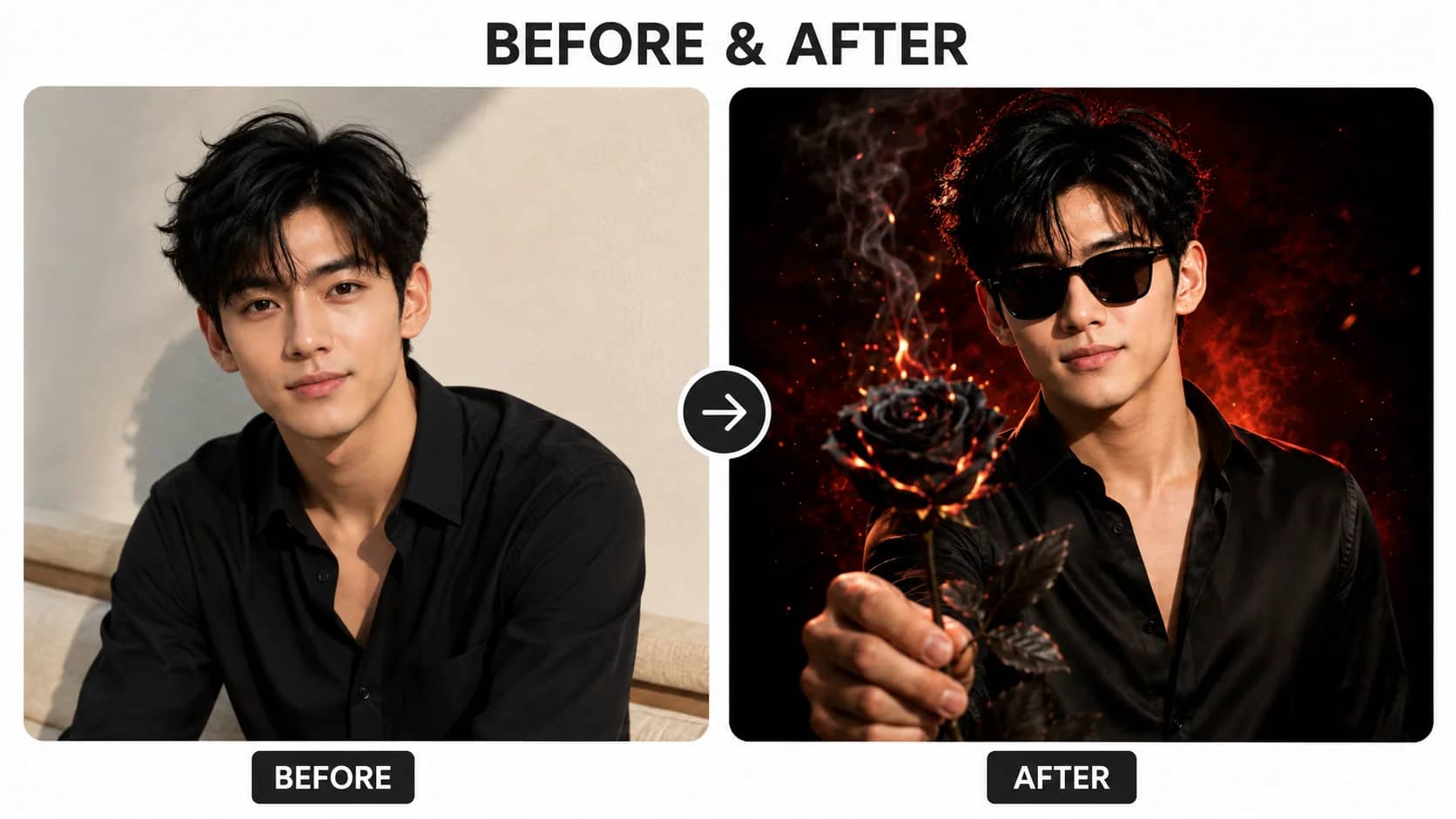 Before and after cinematic burning black rose AI portrait