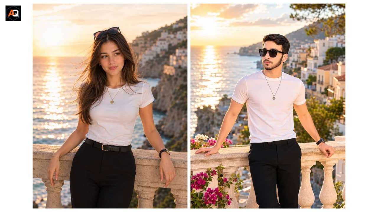 Realistic luxury travel AI portrait standing on a coastal balcony overlooking the ocean during golden hour.