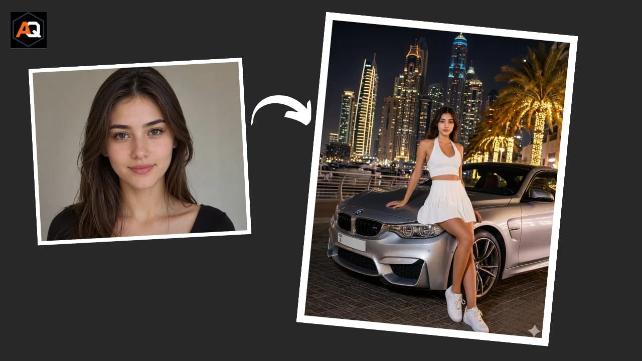 Free AI fashion photo prompt - hyper-realistic woman leaning against silver BMW M4 with Dubai skyline at night