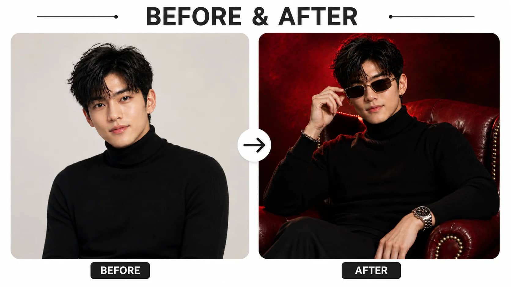 Before and after executive red armchair AI portrait transformation
